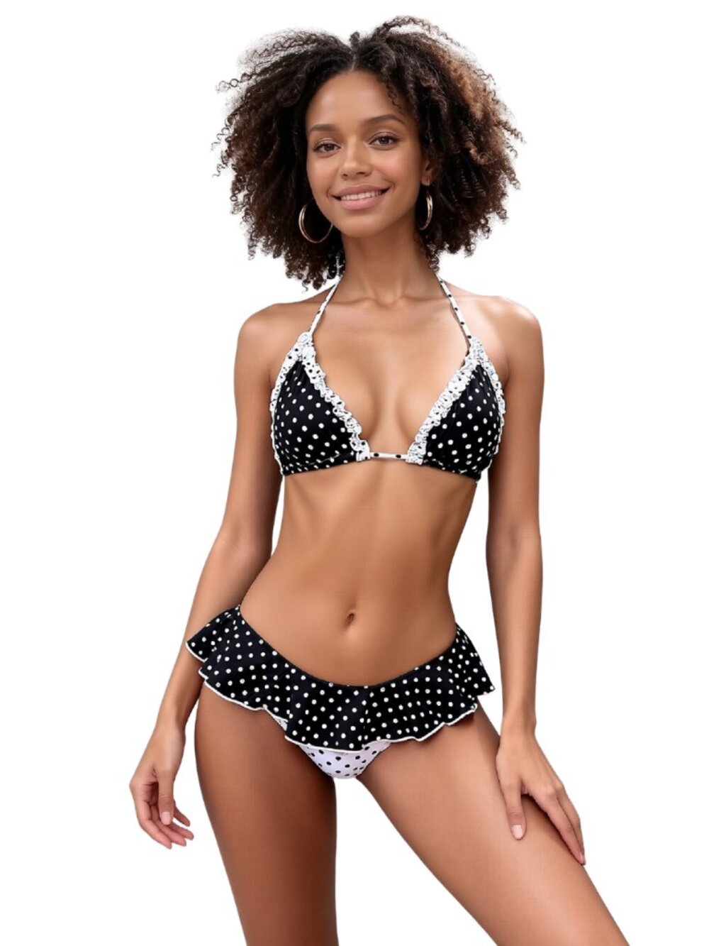 Medium Polka Dot Ruffle Halter Triangle Bikini Top Brazilian Cut Bottom NWOT